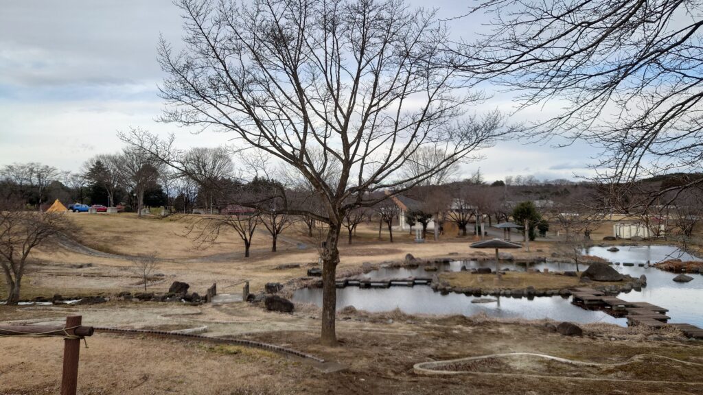 湯けむりふれあいの丘広場の池とキャンプ場を臨む