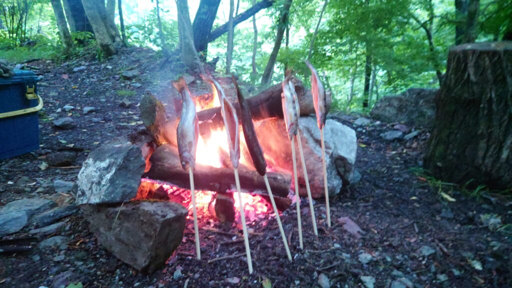 渓流釣り場ようらく焚火で魚の串焼き