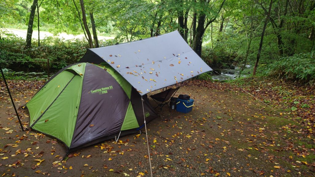 雨で落ち葉がたくさん着いた男前タープ