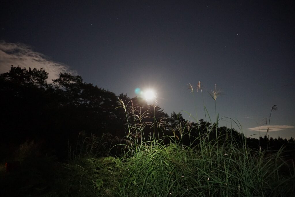 星空キャンプ場登り始めた月
