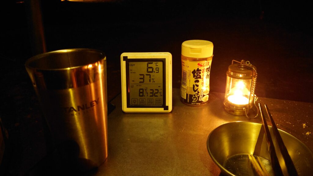 午後5時半の気温を示す温度計とキャンドルランタン