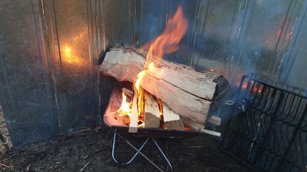 焚火に投入した巨大な広葉樹の薪