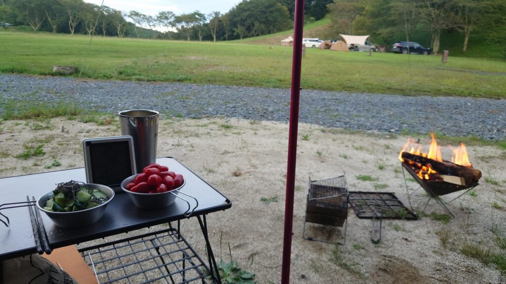 ミニトマトとキュウリのおつまみ&焚火