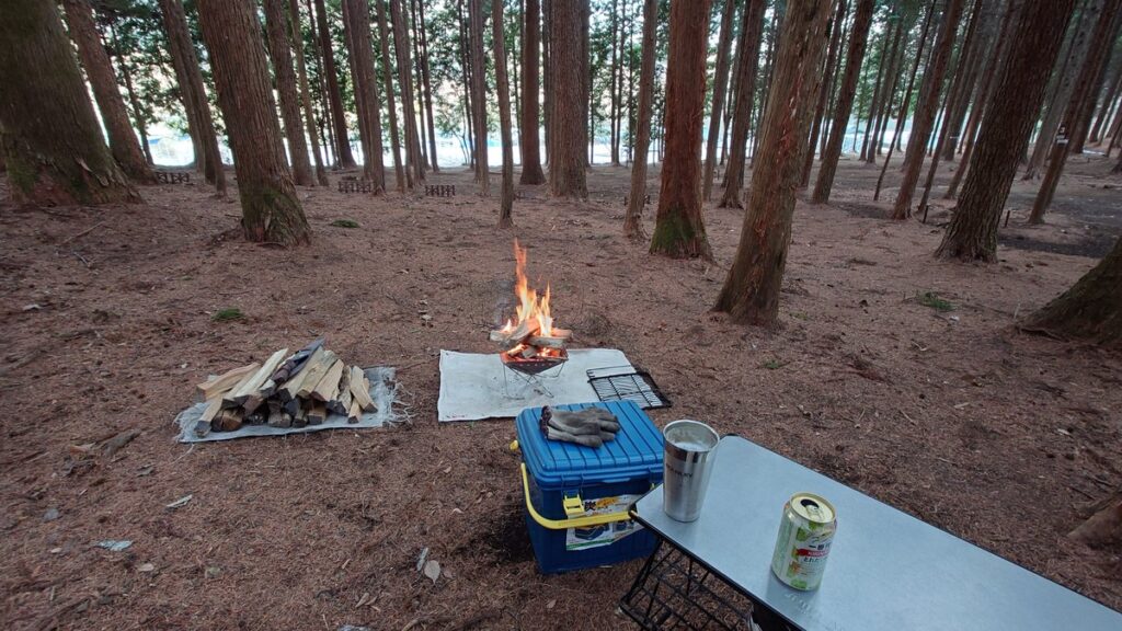 肴は焚火でビールを頂きます。