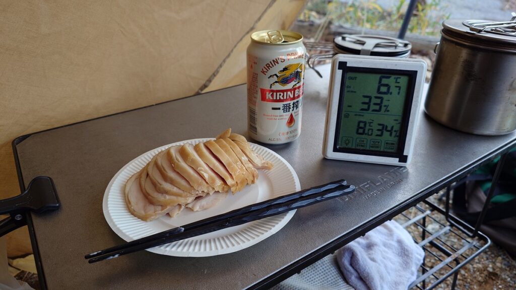 ケーキの載っていたお皿に盛り付けた鶏胸肉のハム