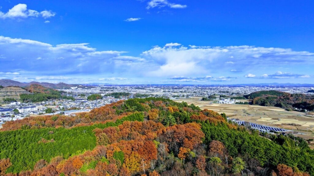 栃木の森キャンプ場上空から栃木市街地方面を望む