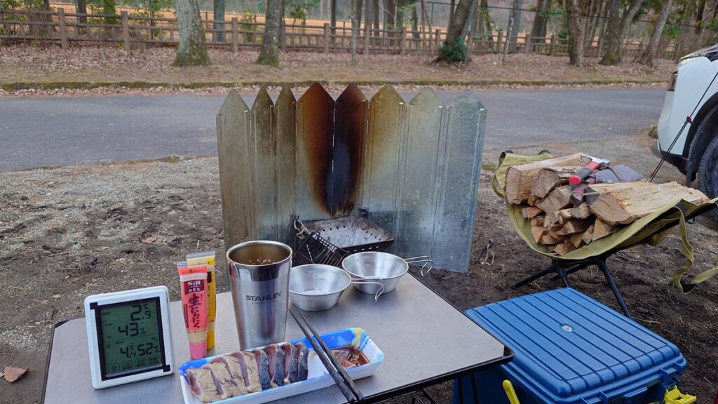 焚火台とスクリーンと薪