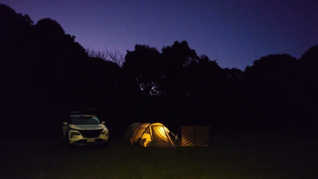 御宿ドローン＆キャンプ夜のテントサイト