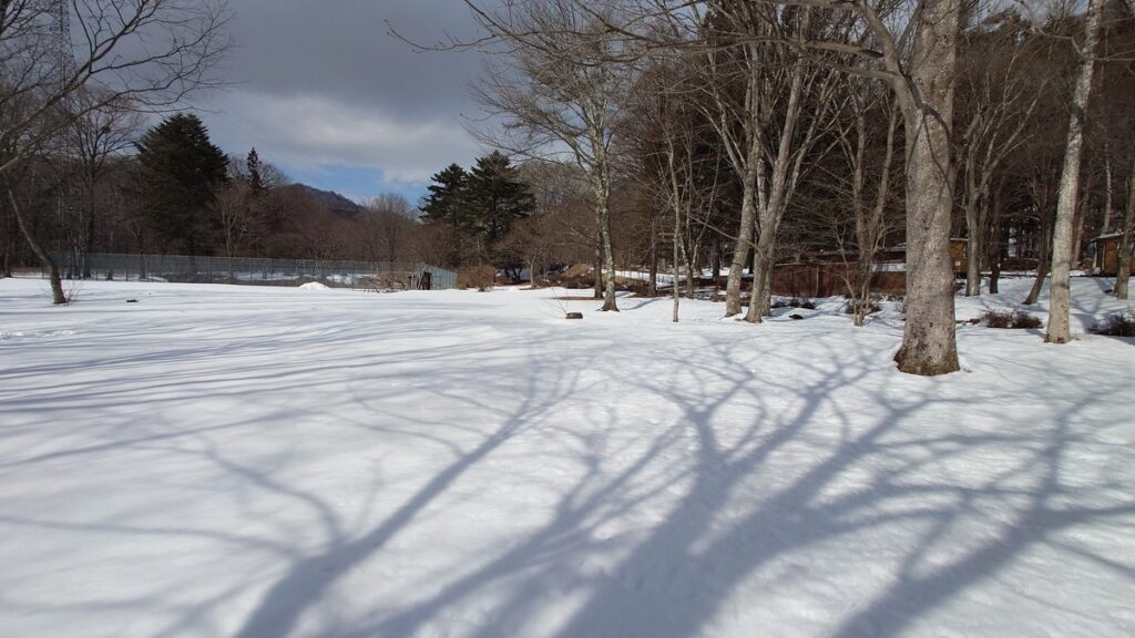 雪の覆われたちばむらオートキャンパーズリゾートフリーサイト