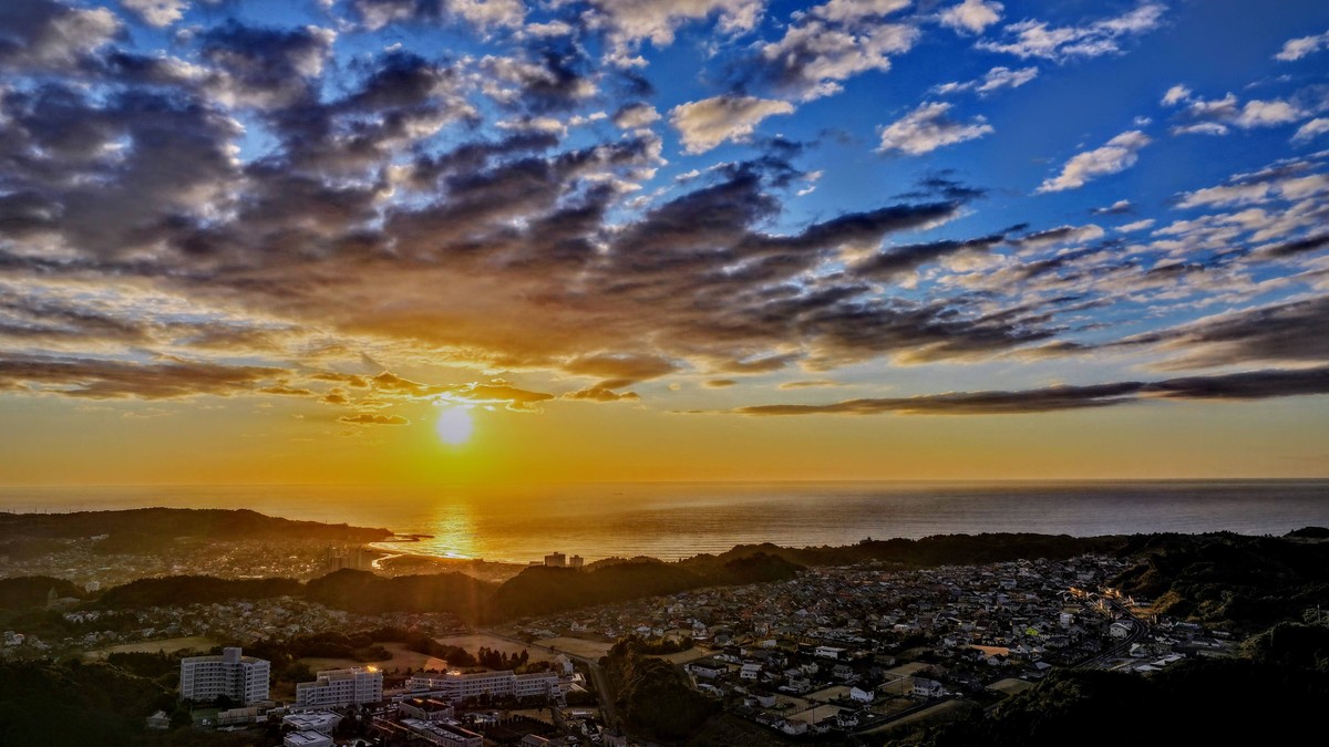 御宿ドローンキャンプ上空から見た太平洋日の出