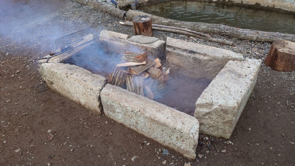 乾燥不十分な巨大薪で残り火を覆うの図