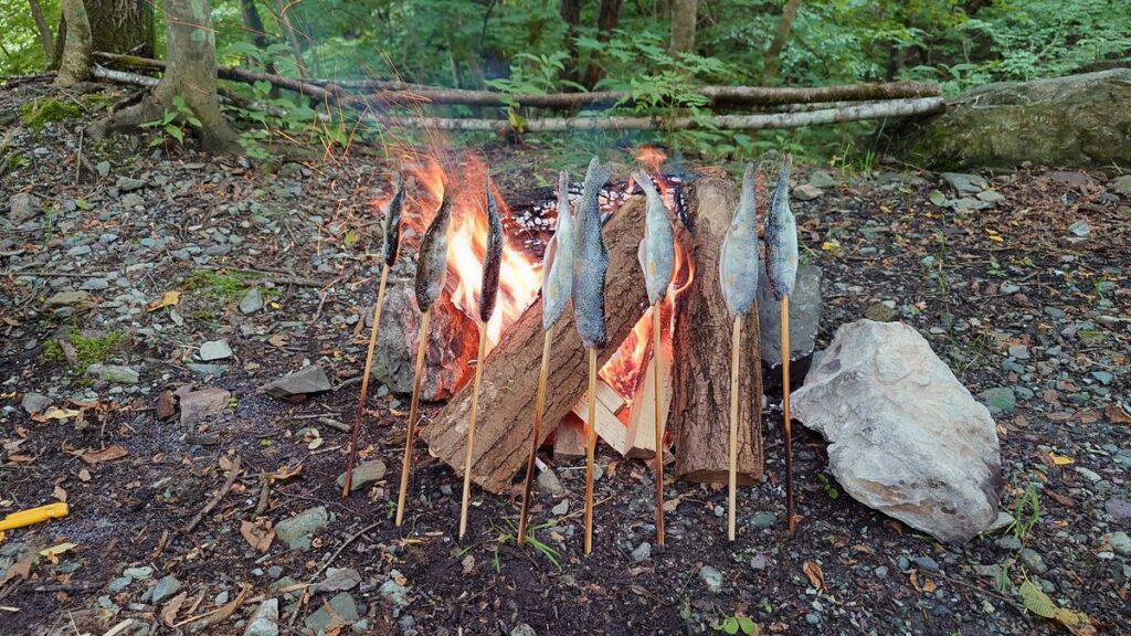 渓流釣り場ようらく焚き火でのヤマメの塩焼き