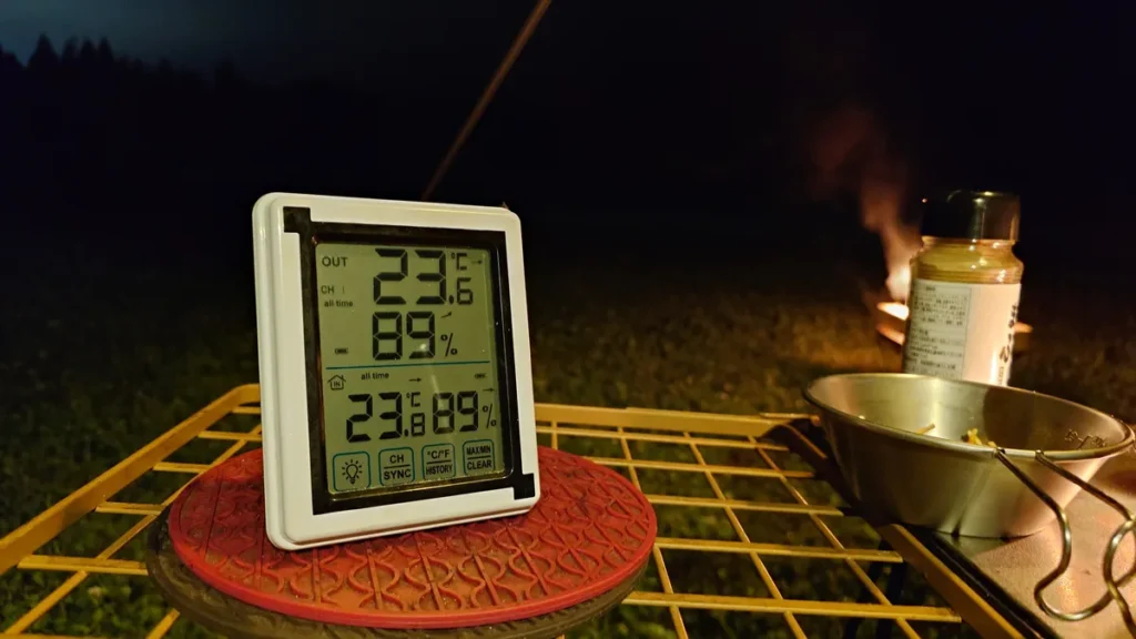 峠の湯スパオートキャンプ場7月初旬午後8時の気温