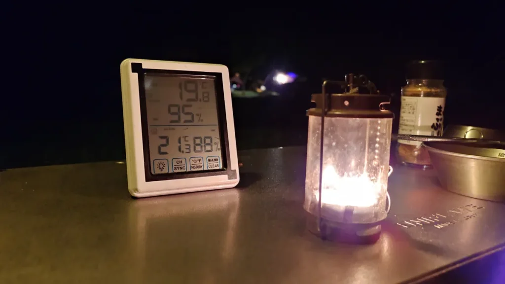 温度計とキャンドルランタン、午後9時の気温