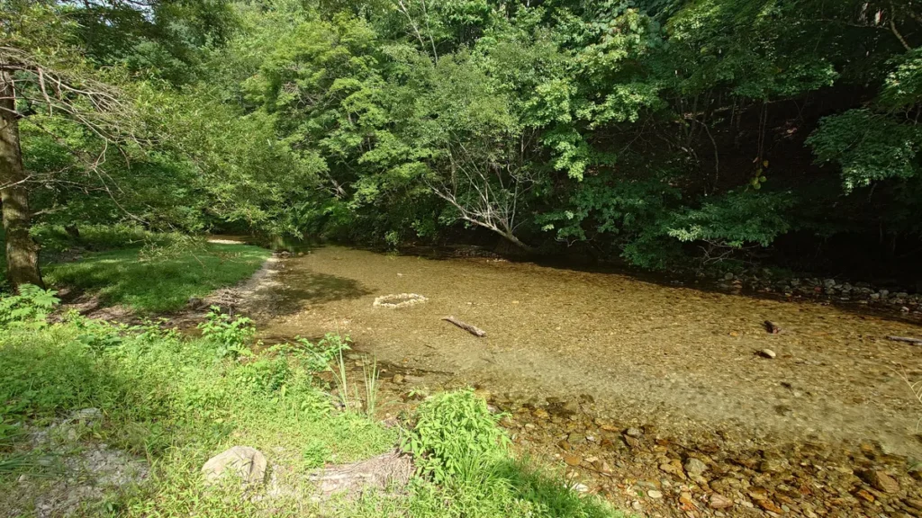 男鹿川の浅瀬にできた石のサークル