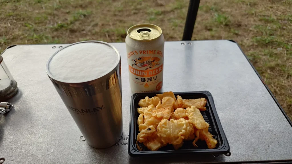 一番搾りと烏賊の塩麹漬け唐揚げ