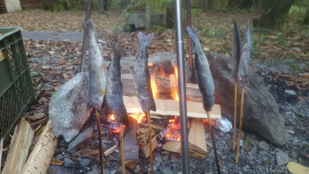 焚き火で川魚の塩焼き