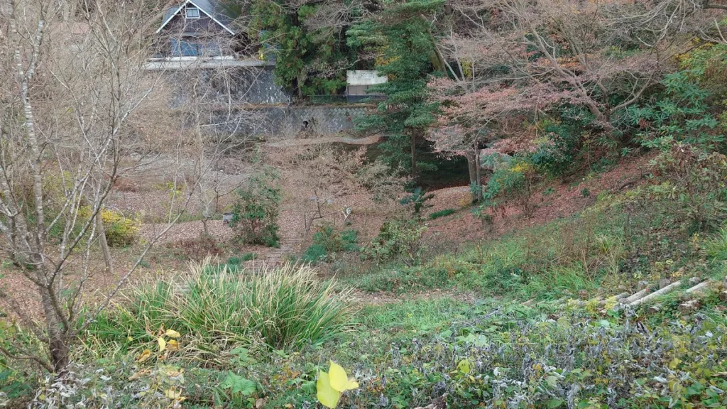 里山VILLAGE四季彩館キャンプ場ソロデュオエリアから見下ろした都幾川