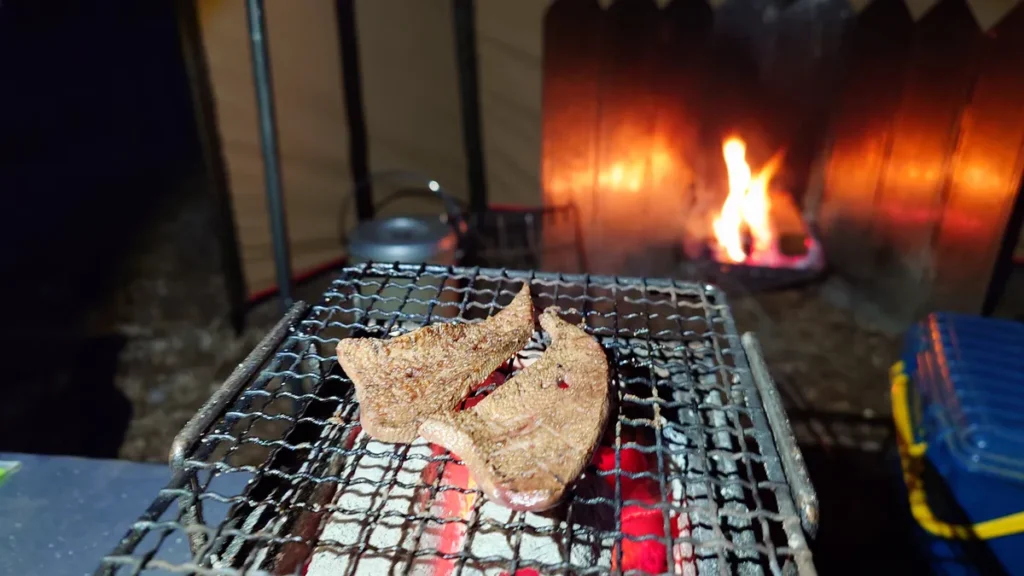 豚レバーの炭火焼と焚火