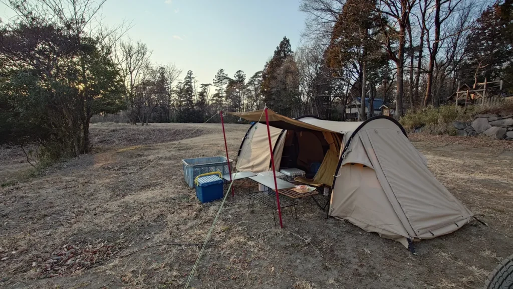 オートキャンプ場ナイトぶーあかぎ林間サイトソロカマTC設営完了