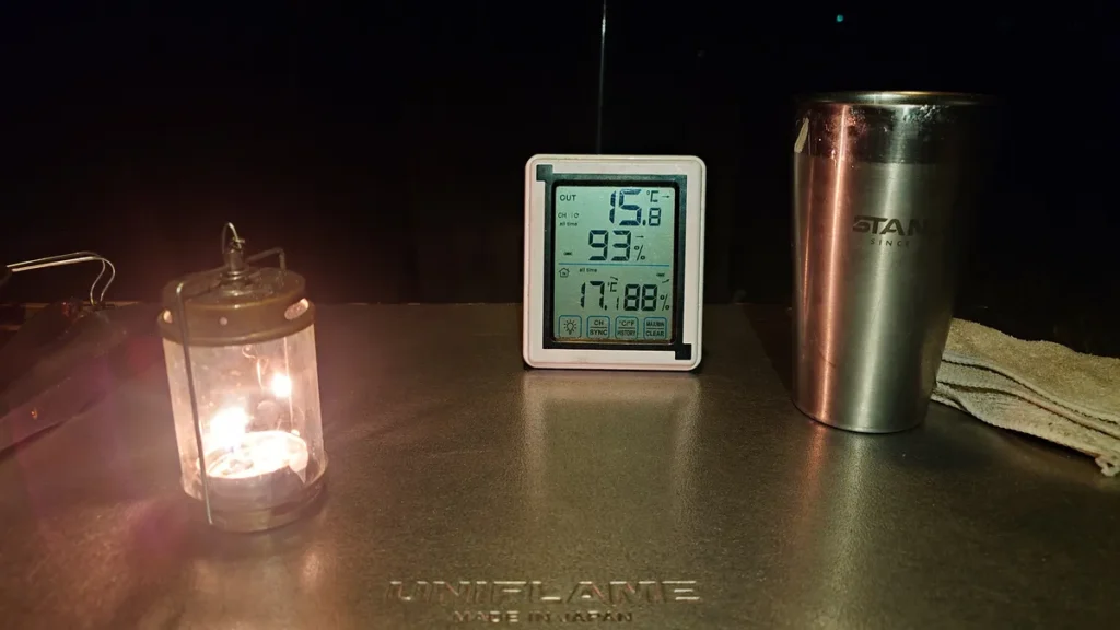 夕闇とキャンドルランタンと温度計